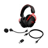 Cloud Alpha wireless gaming headset displaying front left hand side detatched microphone, USB cable and USB wireless adapter