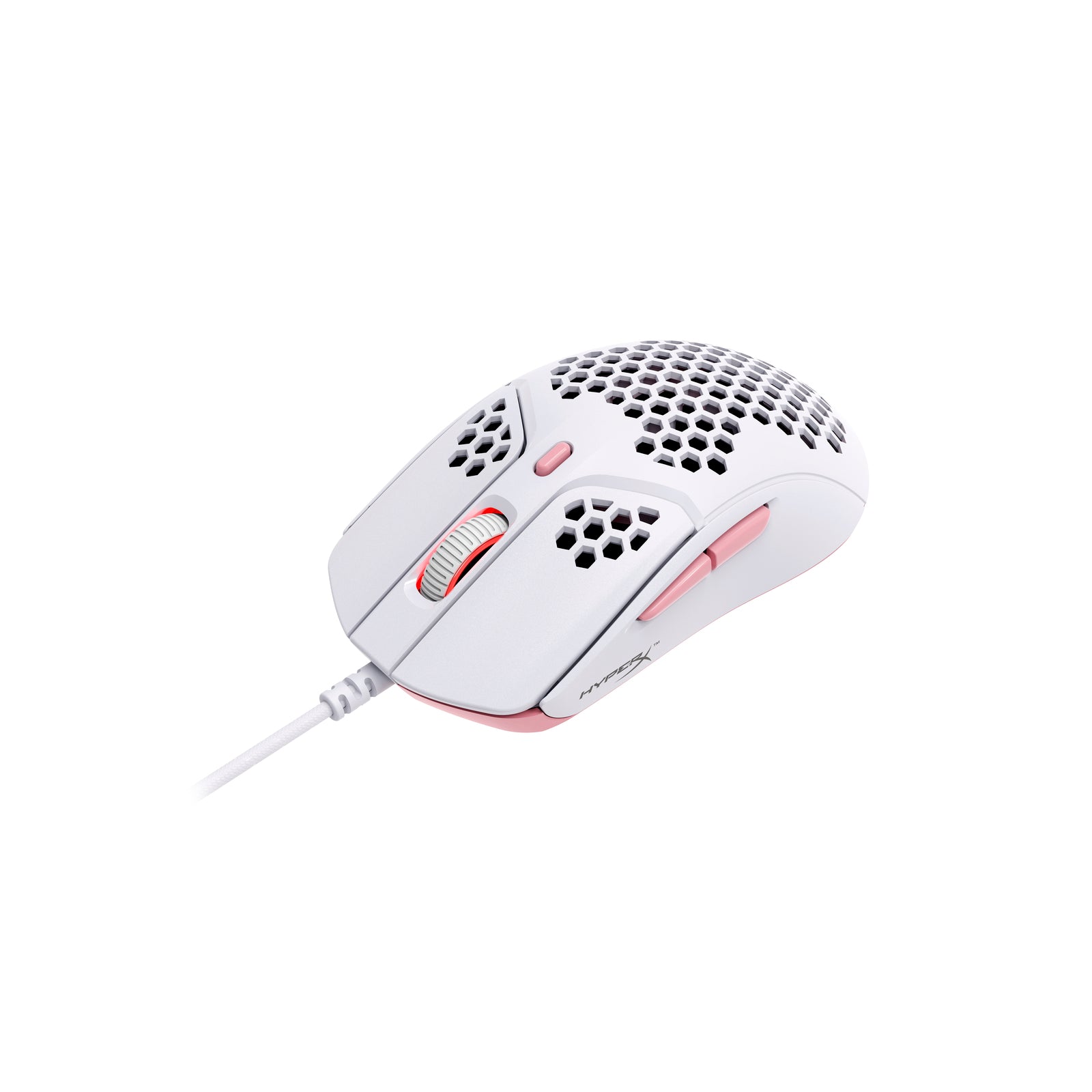 HyperX Pulsefire Haste White-Pink Gaming Mouse - angled view from the right side