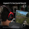 Cloud II red gaming headset displaying the front left hand side featuring the detachable noise cancelling microphone and USB advanced audio control box