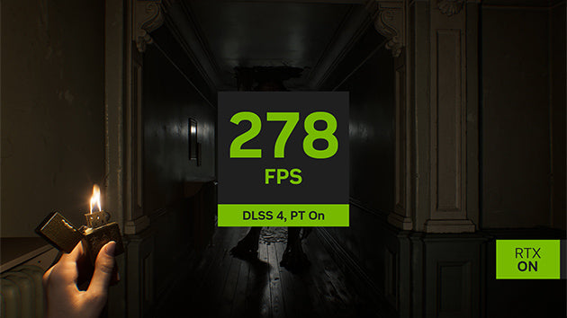 Dark hallway with a hand holding a lit candle and a digital display showing 278 FPS and DLSS 4.0, PT On, with RTX ON.