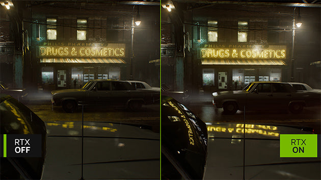 Comparison of 'RTX Off' and 'RTX On' graphics on a city street with a 'Drugs & Cosmetics' sign.