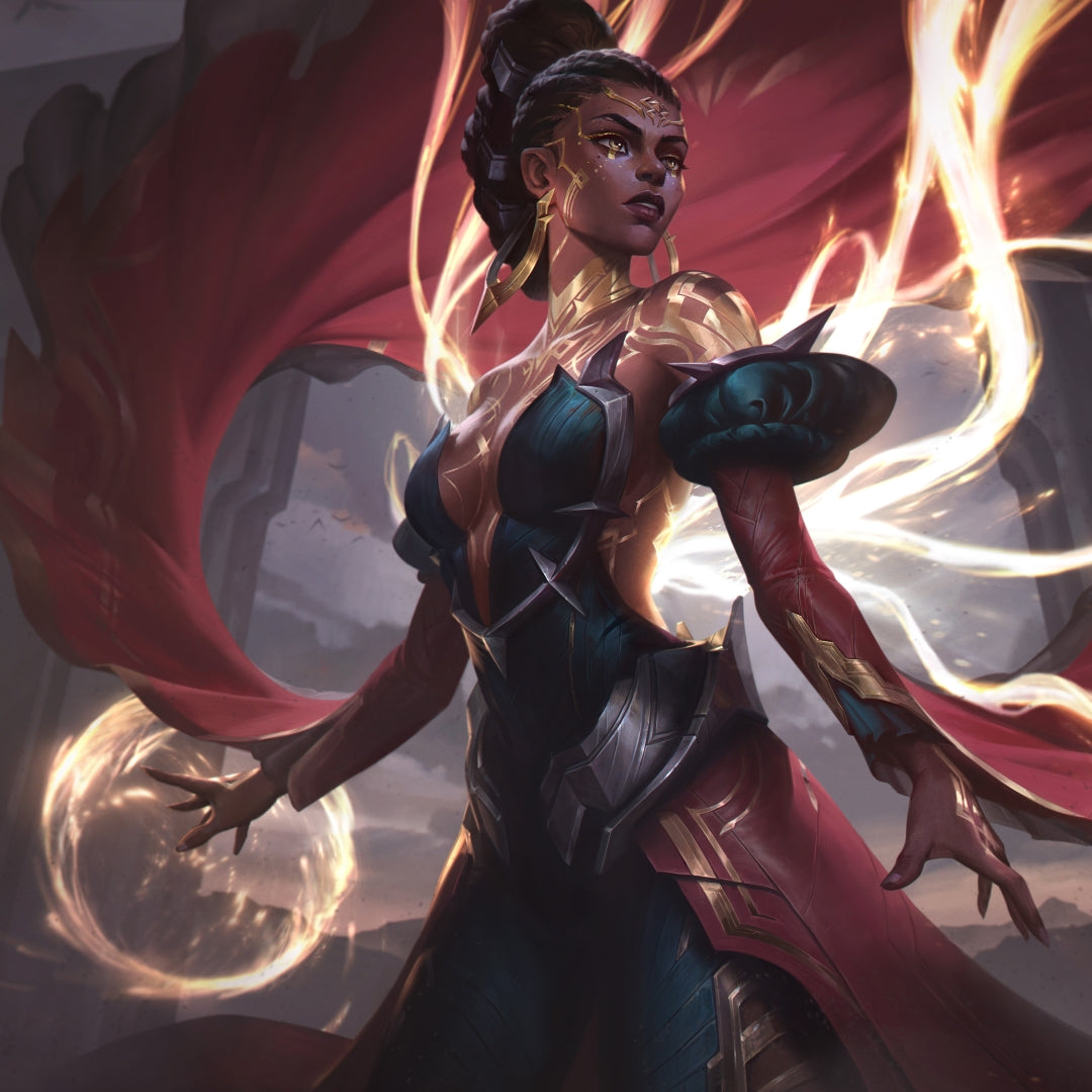 Mel from League of Legends in red and gold armor with glowing energy.