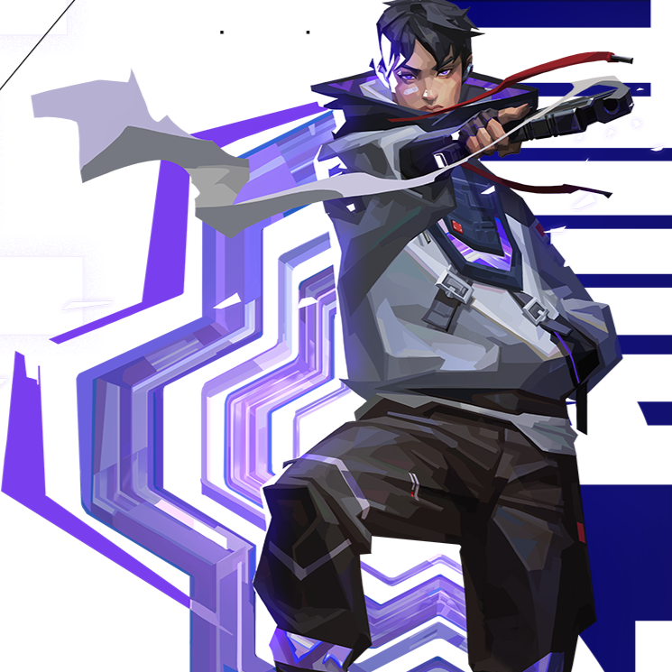 ISO from Valorant aiming forward with a purple background.
