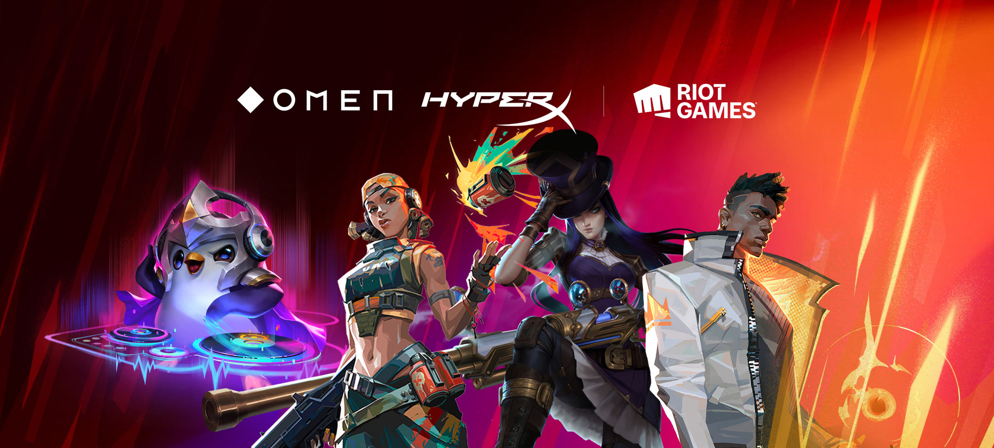 Pengu Knight, Raze, Caitlyn & Phoenix on a detailed background with the Riot Games, OMEN & HyperX Logos