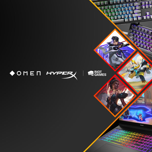 Collaboration between Omen, HyperX, and Riot Games with gaming laptops and characters on screen.