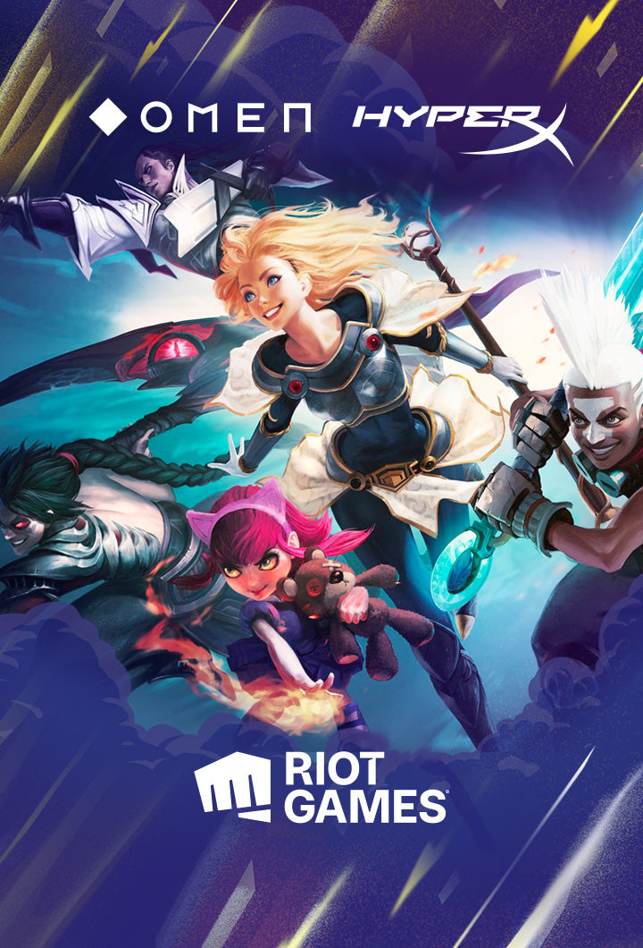 Selection of League of Legends Champions including Annie, Lux & Kayn on a blue background with Riot Games, OMEN & HyperX Logos