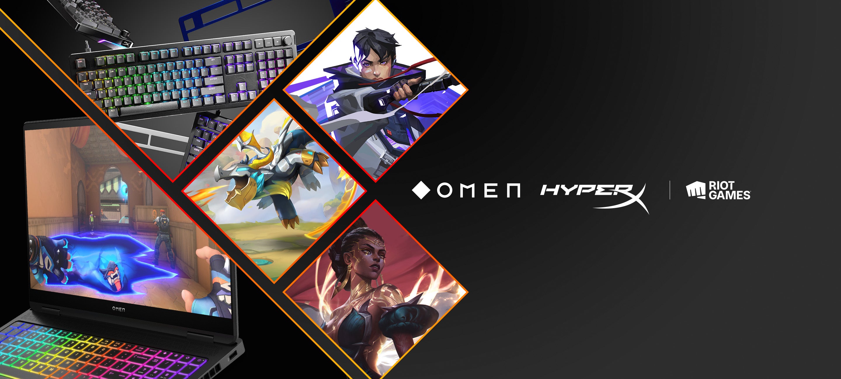 Promotional graphic for Omen, HyperX, and Riot Games featuring gaming elements on a black background.