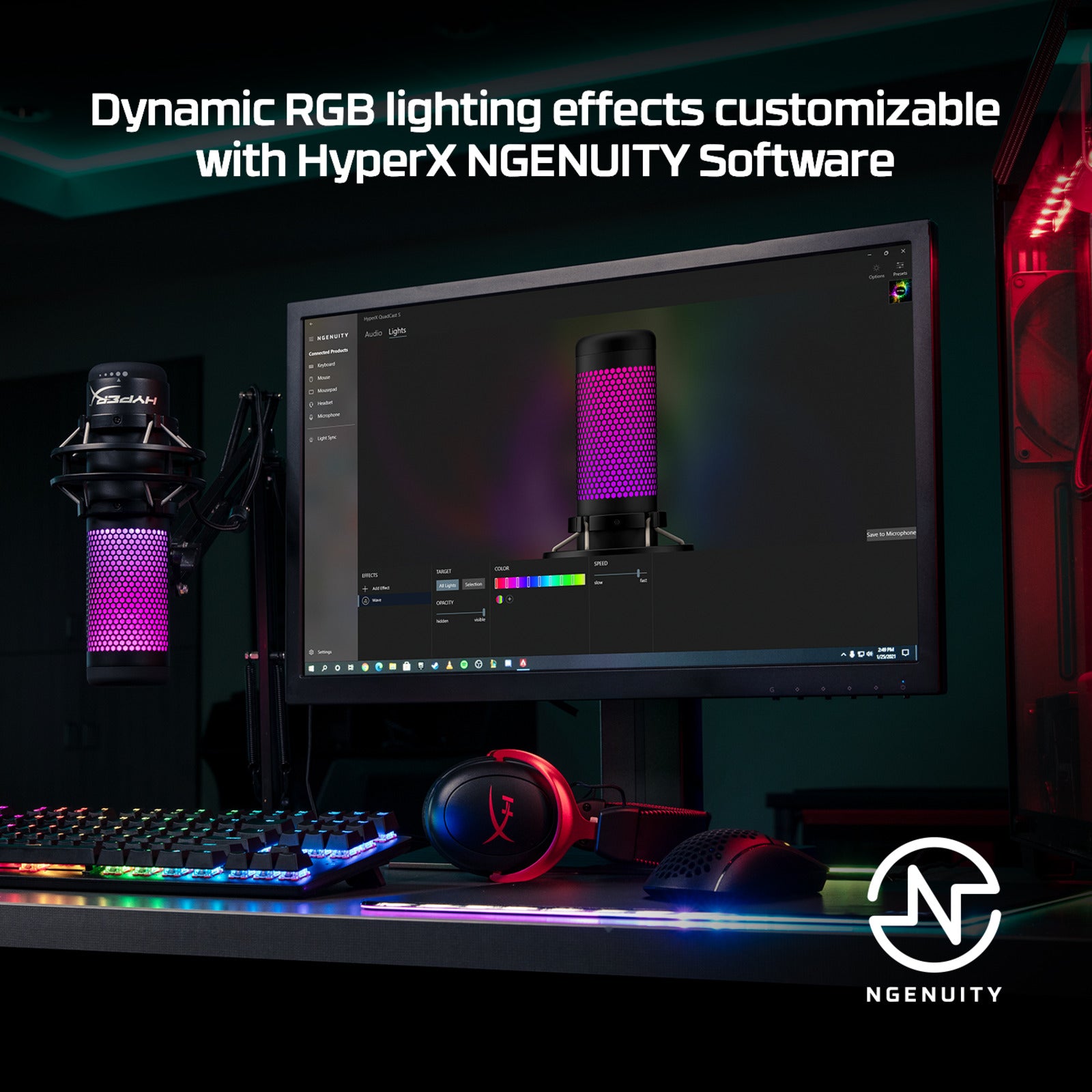 Top view of Quadcast S displaying  tap to mute sensor button with red and purple RGB lighting