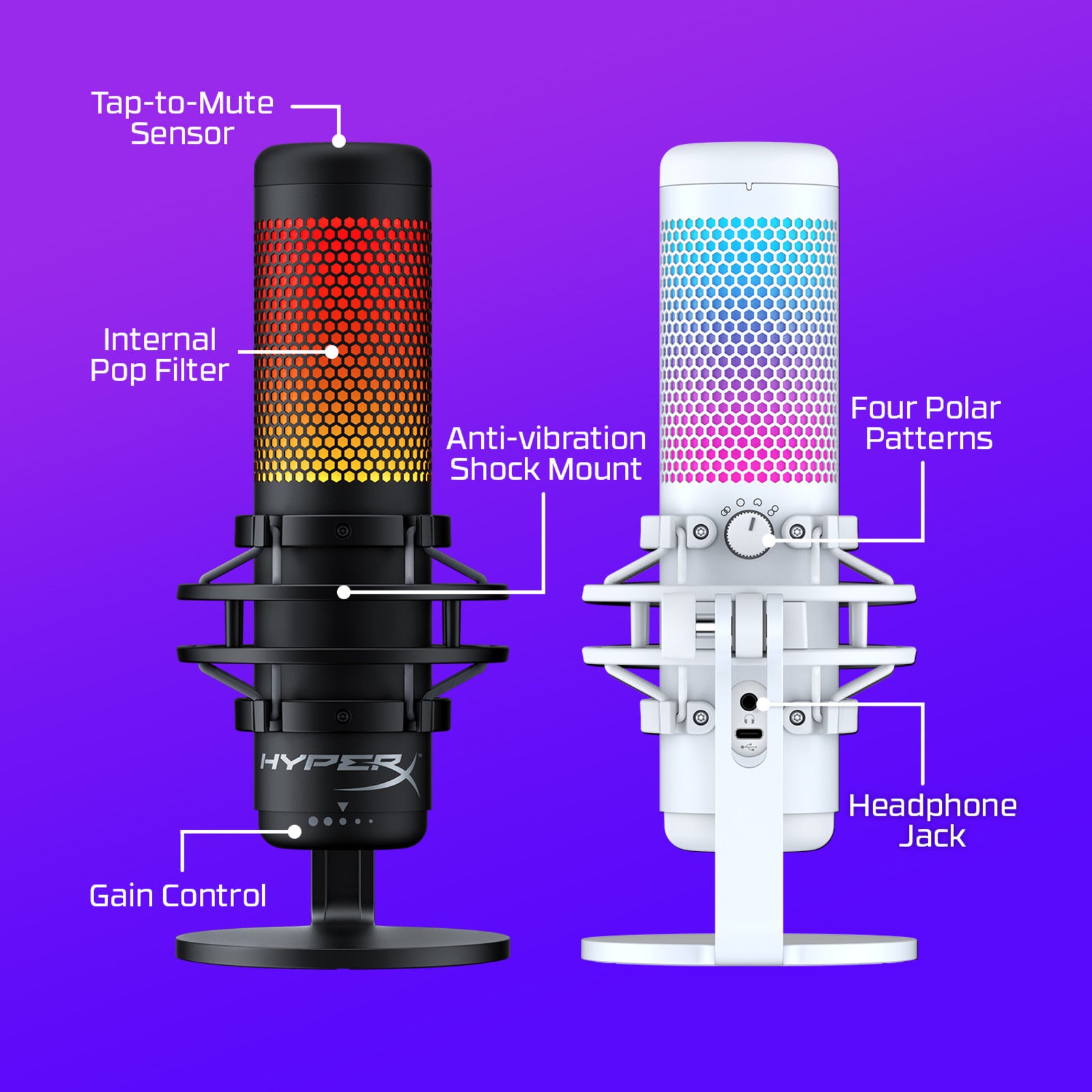 Left side visual of Quadcast S Microphone displaying green and blue RGB lighting mounted on a stand