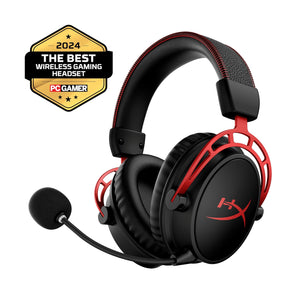 Cloud Alpha Wireless gaming headset displaying the front left hand side featuring the detachable noise cancelling microphone