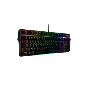 Left front facing view of HyperX Alloy MKW100 mechanical keyboard displaying RGB lighting