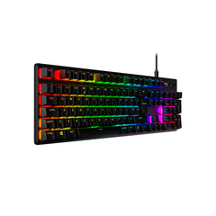 Left front facing view of HyperX Alloy Origins PBT mechanical keyboard displaying RGB lighting