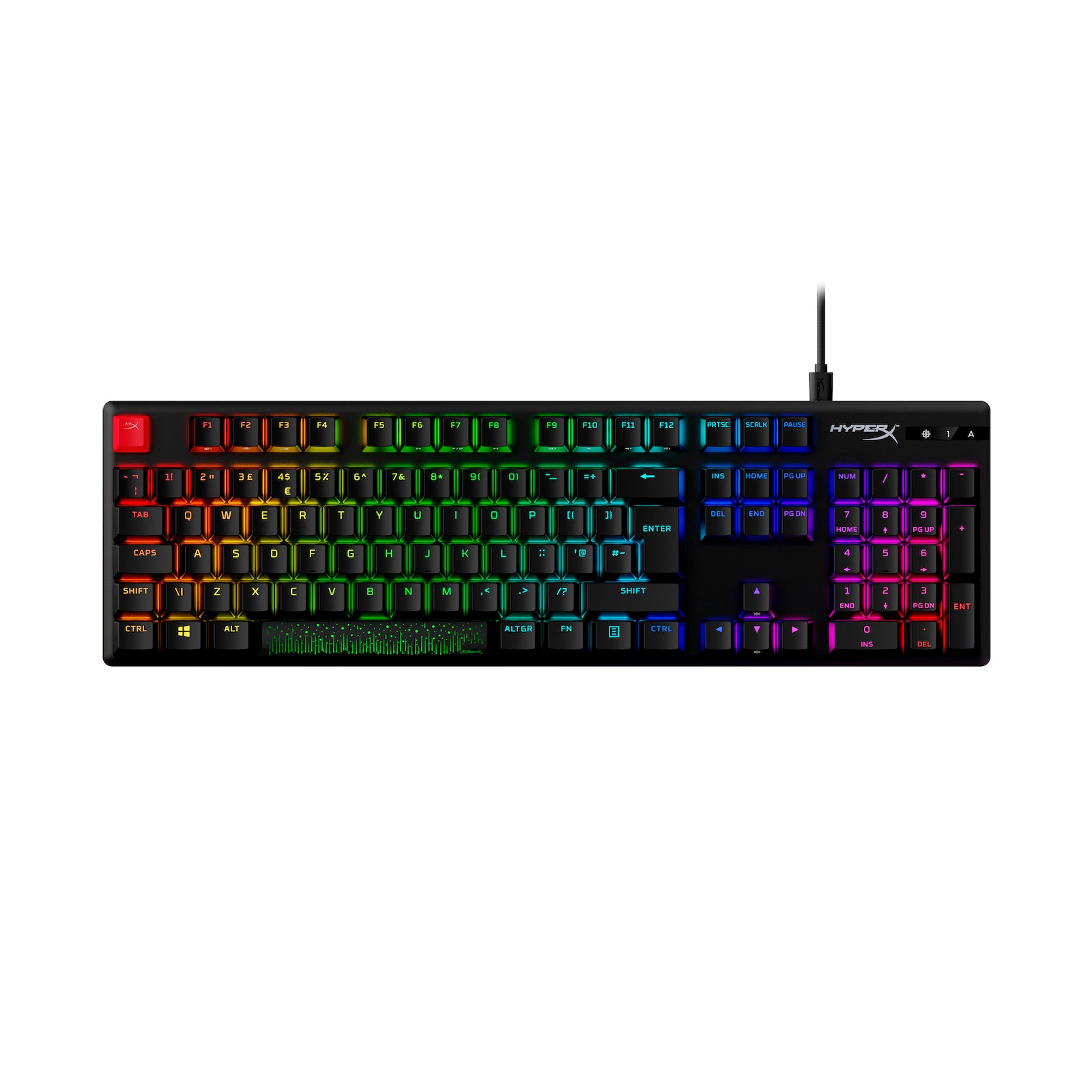 Front facing view of HyperX Alloy Origins PBT mechanical keyboard displaying RGB lighting