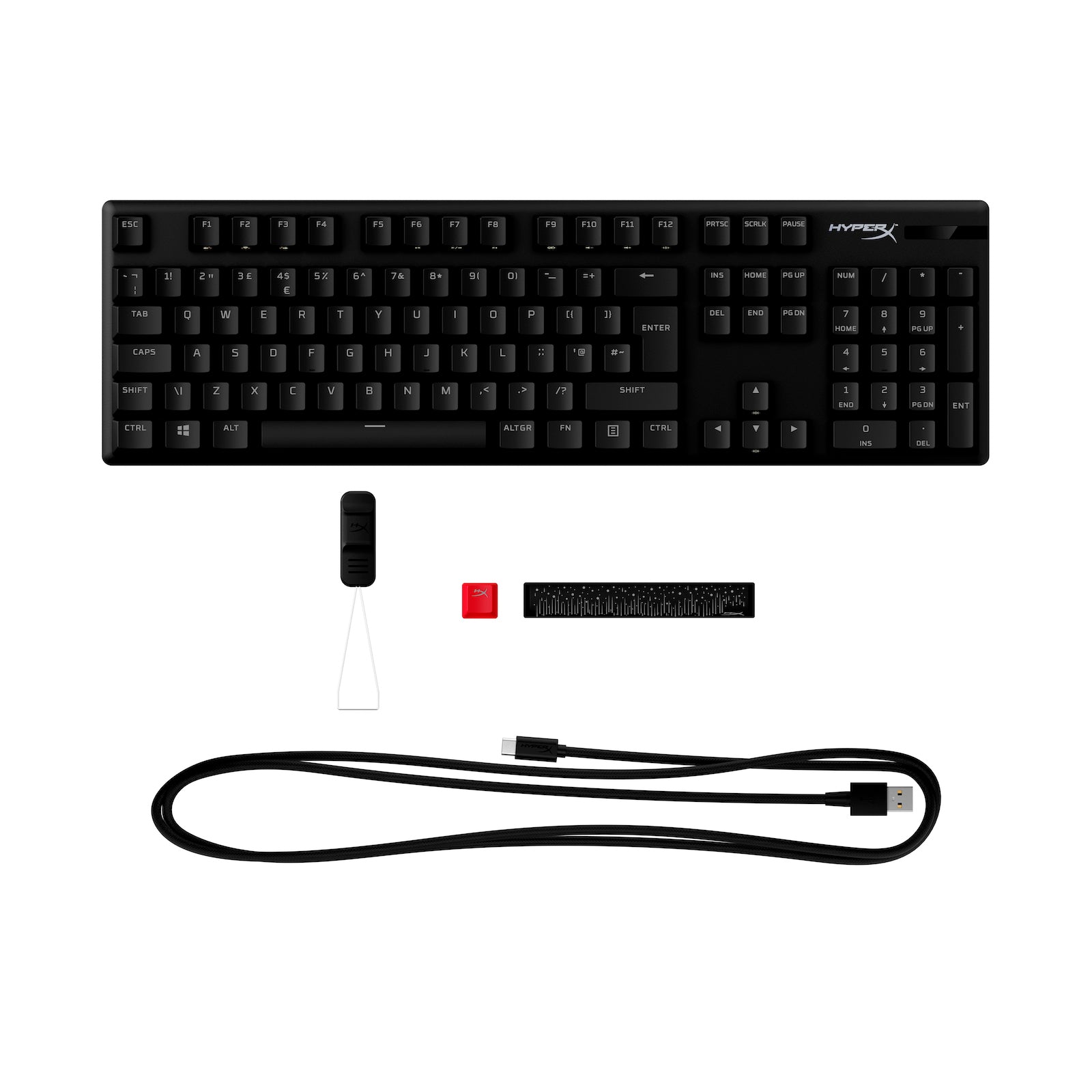 Front facing view of HyperX Alloy Origins PBT mechanical keyboard displaying the accessories and contents