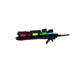 HyperX Alloy Origins PBT Gaming Mechanical Keyboard showing close up of right side view of RGB lighting, with the leg foot stand expanded