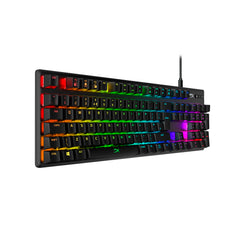 Left front facing view of Alloy Origins mechanical keyboard displaying RGB lighting