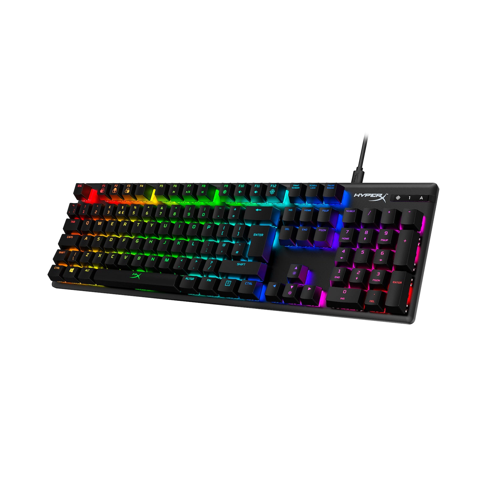 Right front facing view of HyperX Alloy Origins mechanical keyboard displaying RGB lighting