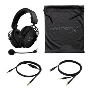 HyperX Cloud Alpha Black gaming headset displaying bag, detachable noice cancelling microphone, in-line audio cable and PC extension cable