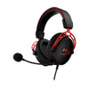 HyperX Cloud Alpha Red gaming headset displaying the front left hand side featuring the detachable noise cancelling microphone
