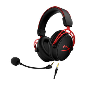 HyperX Cloud Alpha Red gaming headset displaying the front left hand side featuring the detached noise cancelling microphone and detachable audio cable