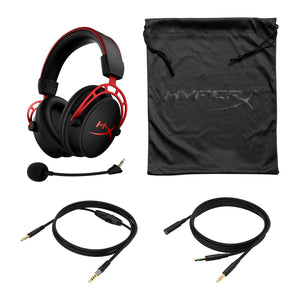 HyperX Cloud Alpha Red gaming headset displaying the front left hand side featuring the detachable noise cancelling microphone and audio control mixer