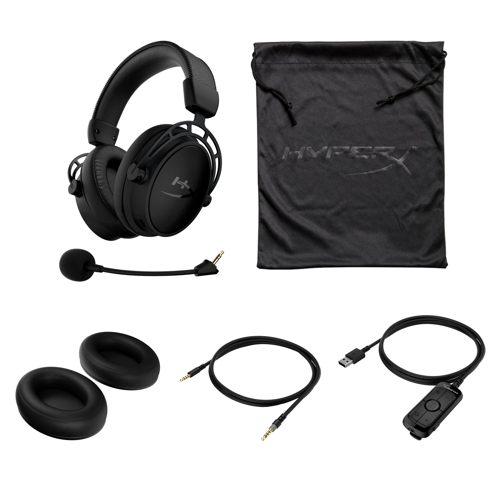HyperX Cloud Alpha S Black Gaming headset displaying different parts such as the attachable microphone, mesh bag, cushion pads, extension audio cable and usb sound card