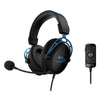 HyperX Cloud Alpha S Blue Gaming headset Blue displaying the left  hand side angle, showing the 7.1 sound card and control box