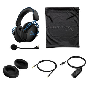 HyperX Cloud Alpha S Blue Gaming headset displaying different parts such as the attachable microphone, mesh bag, cushion pads, extension audio cable and usb sound card