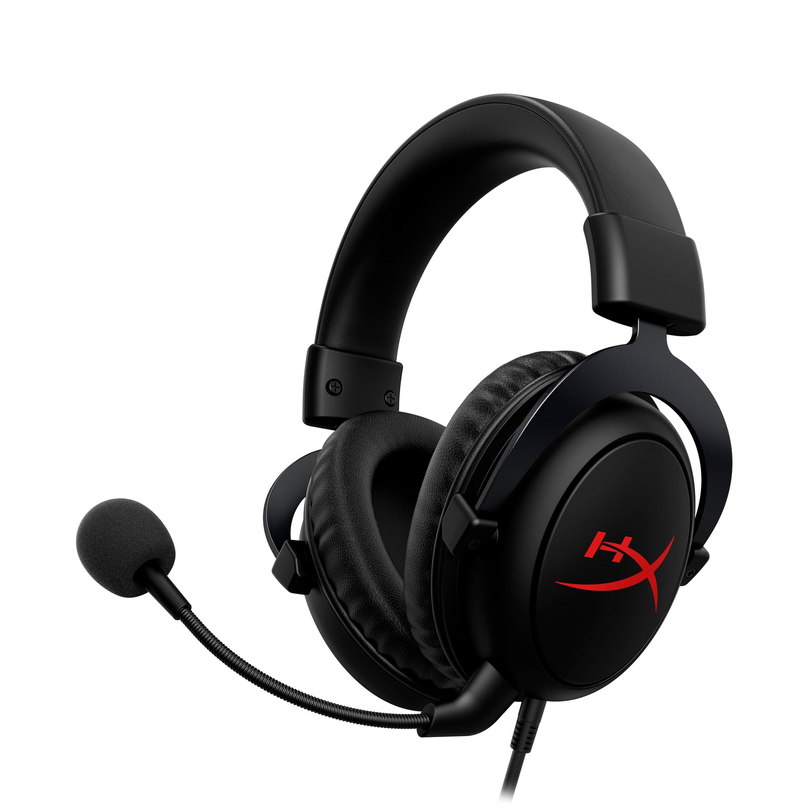 HyperX Cloud Core + 7.1 gaming headset displaying the front left hand side featuring the detachable noise cancelling microphone