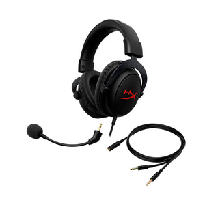 HyperX Cloud Core + 7.1 gaming headset featuring detached micropphone and cable and PC extension cable