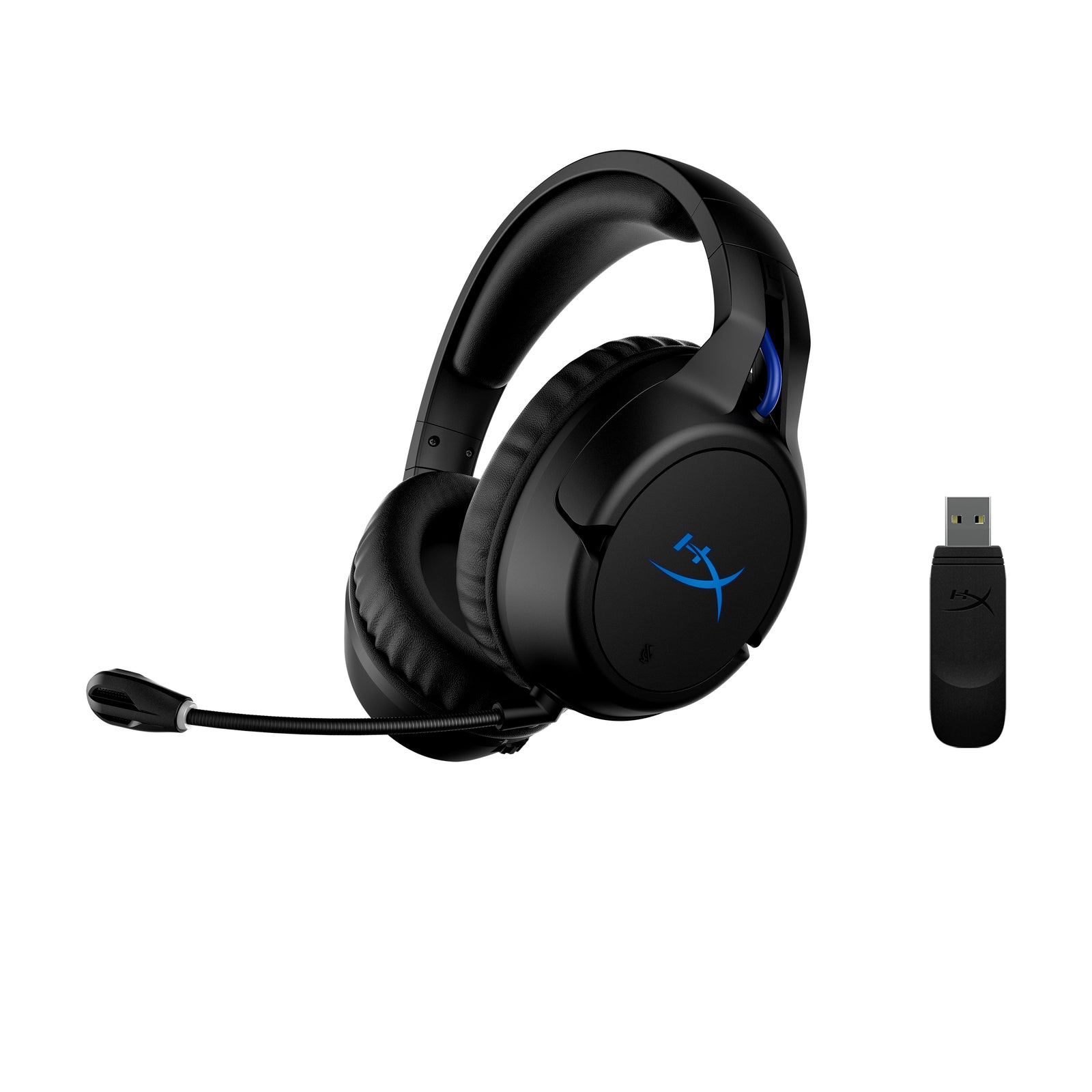 HyperX Cloud Flight PS5/PS4 wireless gaming headset displaying the front left hand side featuring the detachable noise cancelling microphone and USB adapter
