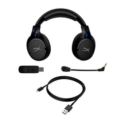 Cloud Flight PS5/PS4 wireless gaming headset displaying detachable mic, charging cable and USB adapter