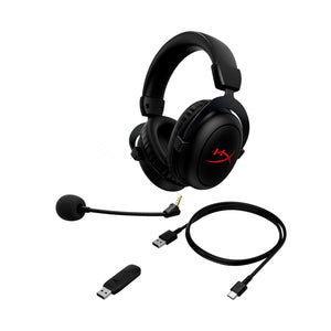 HyperX Cloud II Core Wireless Black Gaming Headset - main view pointing to the left side including accessories