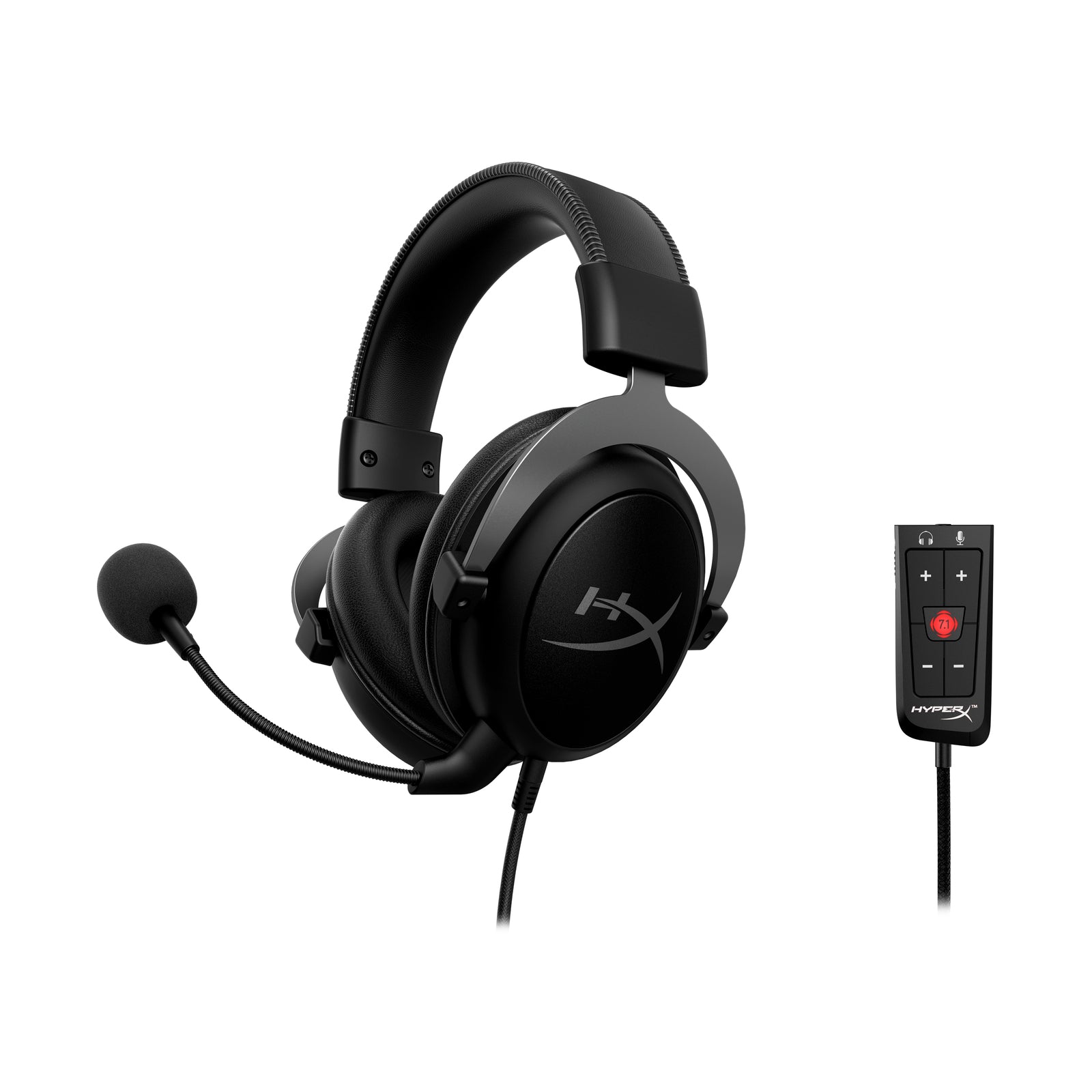 HyperX Cloud II gun metal gaming headset displaying the front left hand side featuring the detachable noise cancelling microphone and USB advanced audio control box