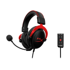 HyperX Cloud II red gaming headset displaying the front left hand side featuring the detachable noise cancelling microphone and USB advanced audio control box