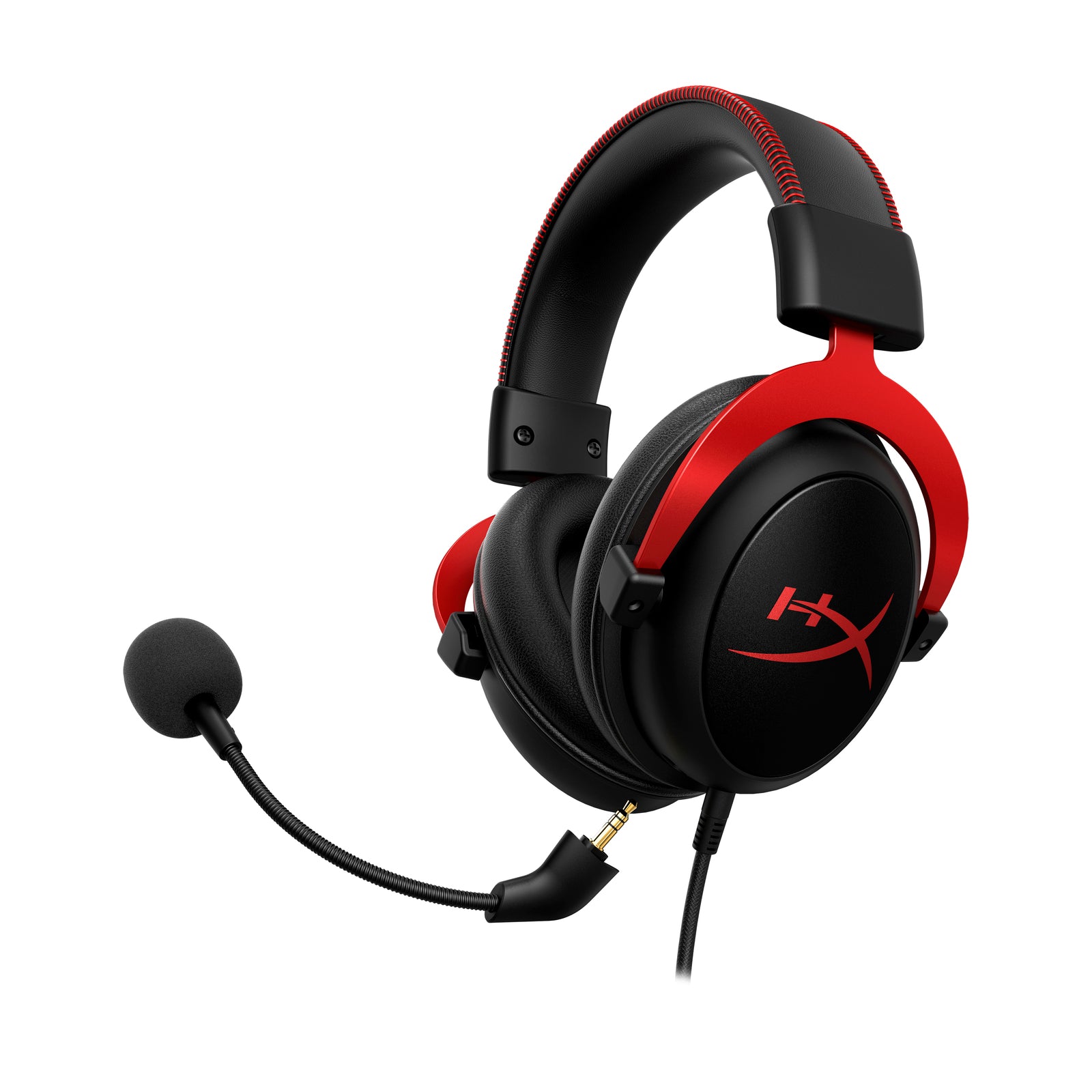 HyperX Cloud II red gaming headset displaying the front left hand side featuring the detached noise cancelling microphone