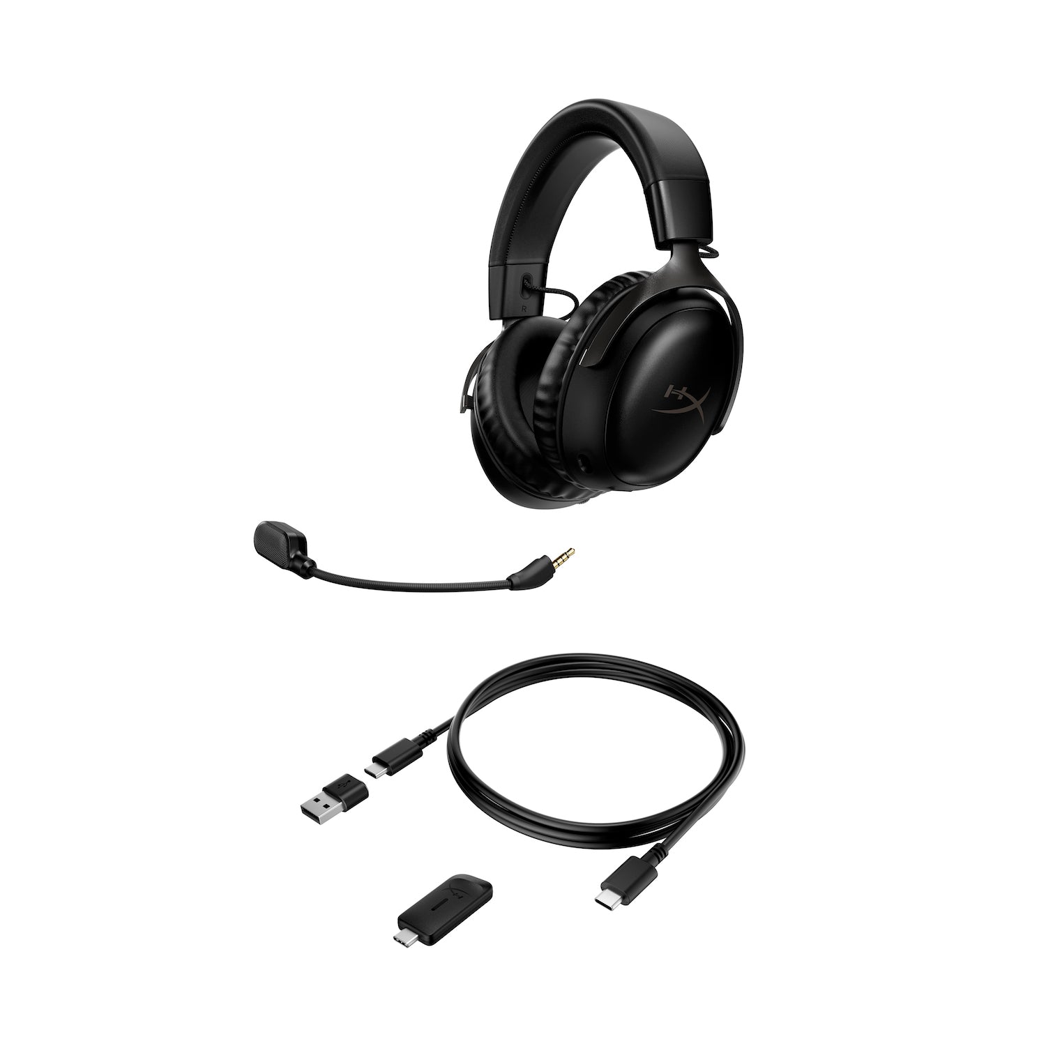 HyperX Cloud III Wireless Black Gaming Headset - main angled view pointing to the left side featuring accessories