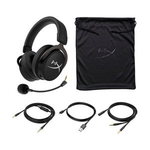 HyperX Cloud MIX Bluetooth wireless gaming headset displaying bag, in-line audio cable, charging cable and PC extension cable