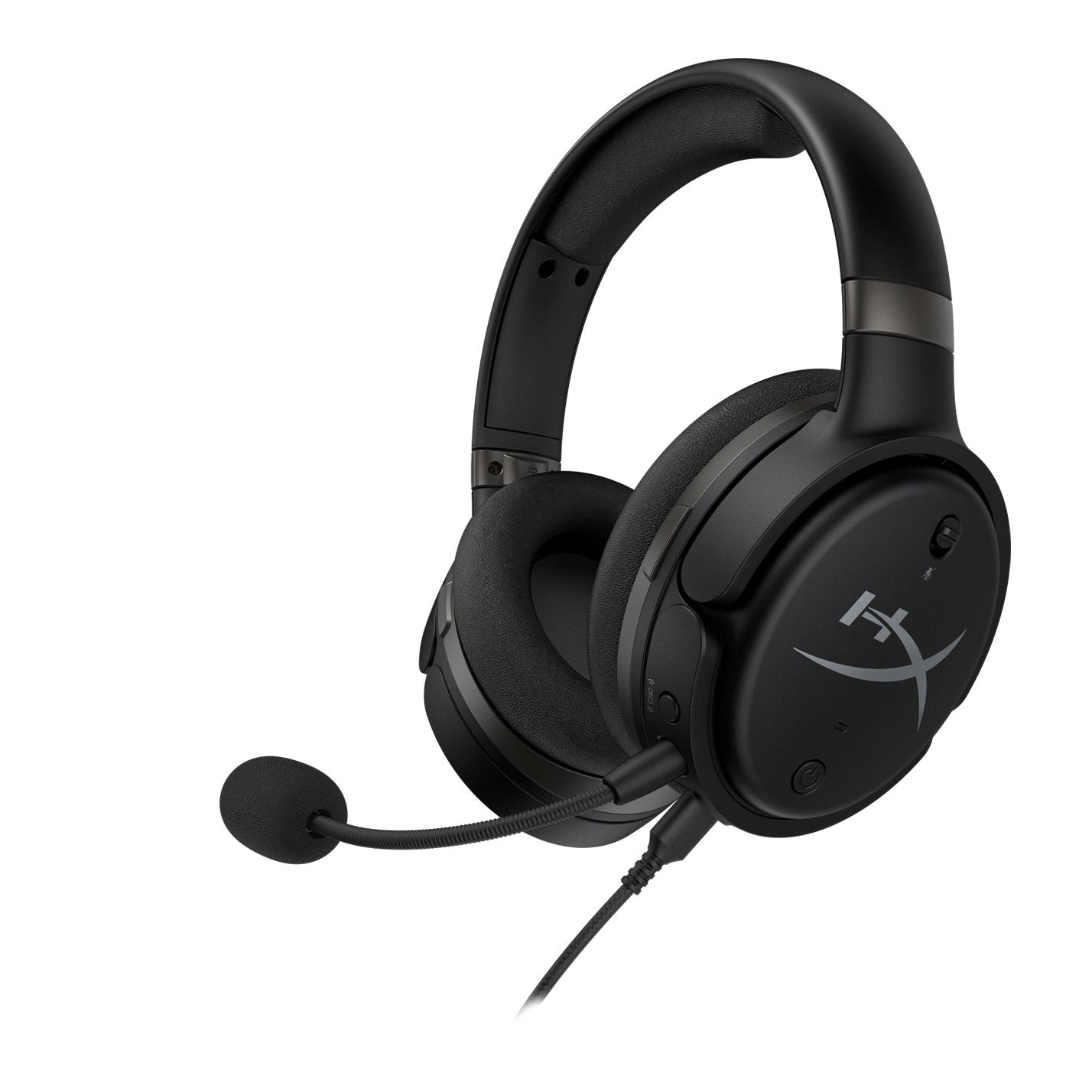 HyperX Cloud Orbit S gaming headset displaying the front left hand side featuring the detachable noise cancelling microphone