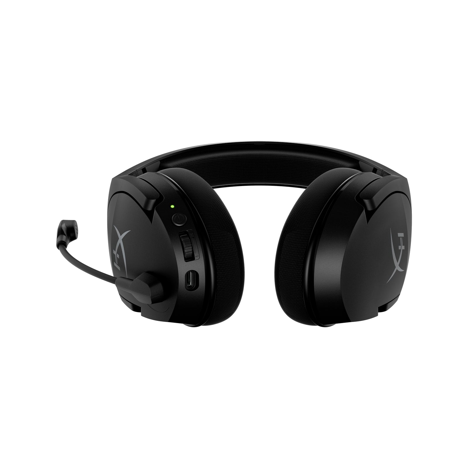 A view of the audio controls for volume, mic mute and mic monitoring on the base of the HyperX Cloud Stinger Core wireless gaming headset + 7.1