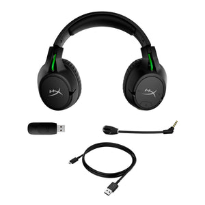 HyperX Cloud Flight Xbox wireless gaming headset displaying detachable mic, charging cable and USB adapter