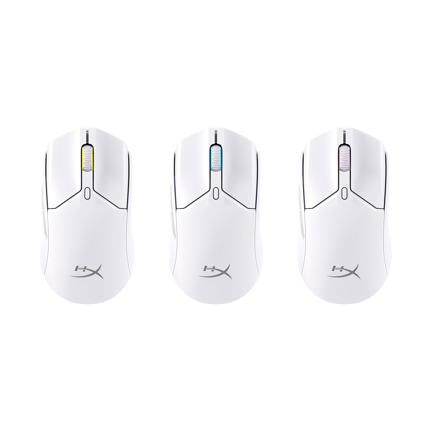 HyperX Pulsefire Haste 2 Mini Wireless White Gaming Mouse - view from above displaying RGB effects