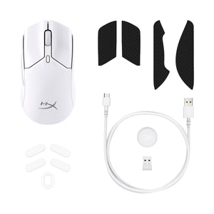HyperX Pulsefire Haste 2 Mini Wireless White Gaming Mouse - view from above showing accessories