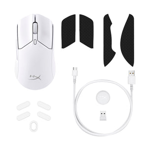 HyperX Pulsefire Haste 2 Wireless White Gaming Mouse - view from above displaying accessories
