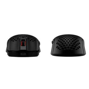 Front and back view of the HyperX Pulsefire Haste wireless gaming mouse displaying the USB port at front