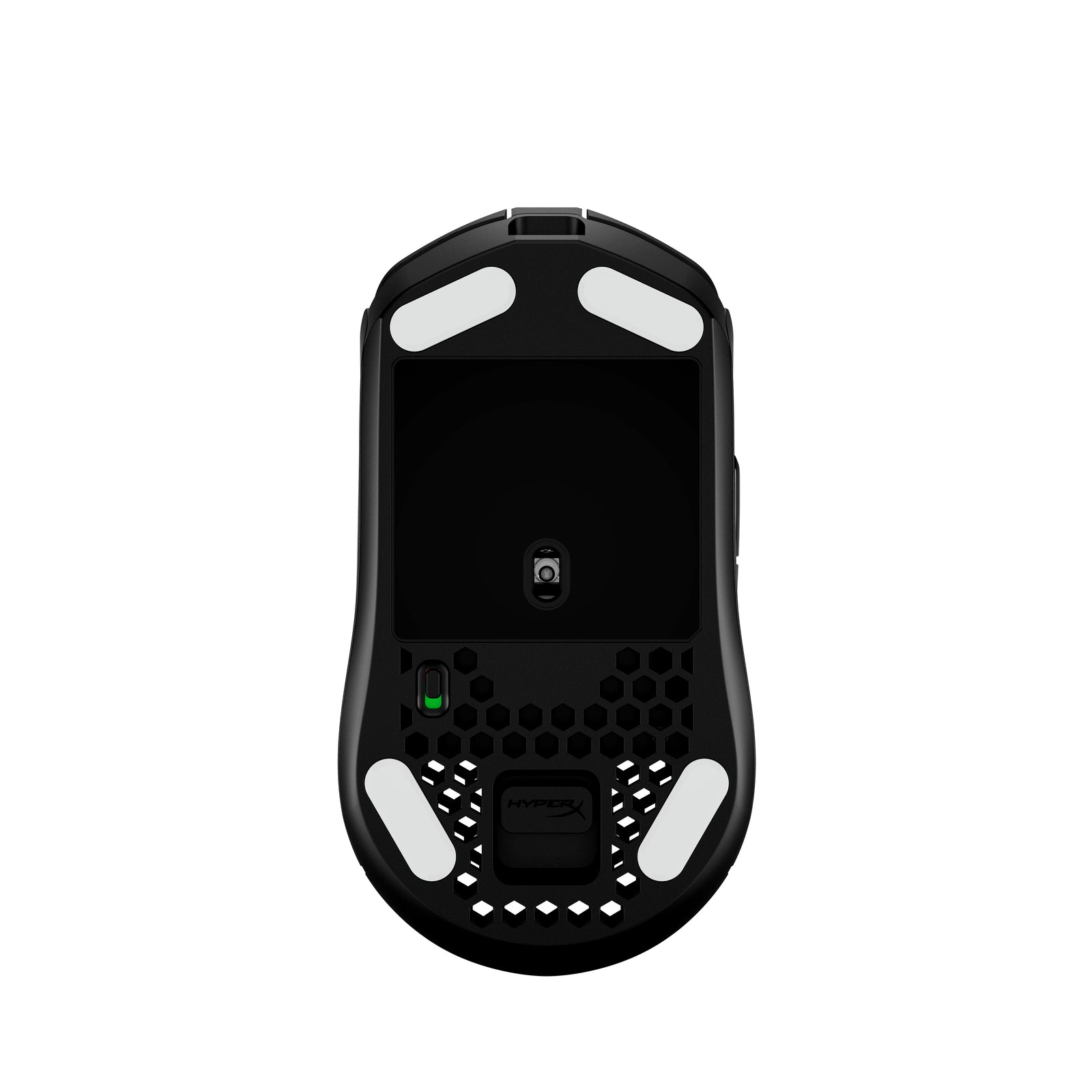 HyperX Pulsefire Haste Wireless Black gaming mouse , view of the bottom side, featuring the sensor, usb dongle and skates