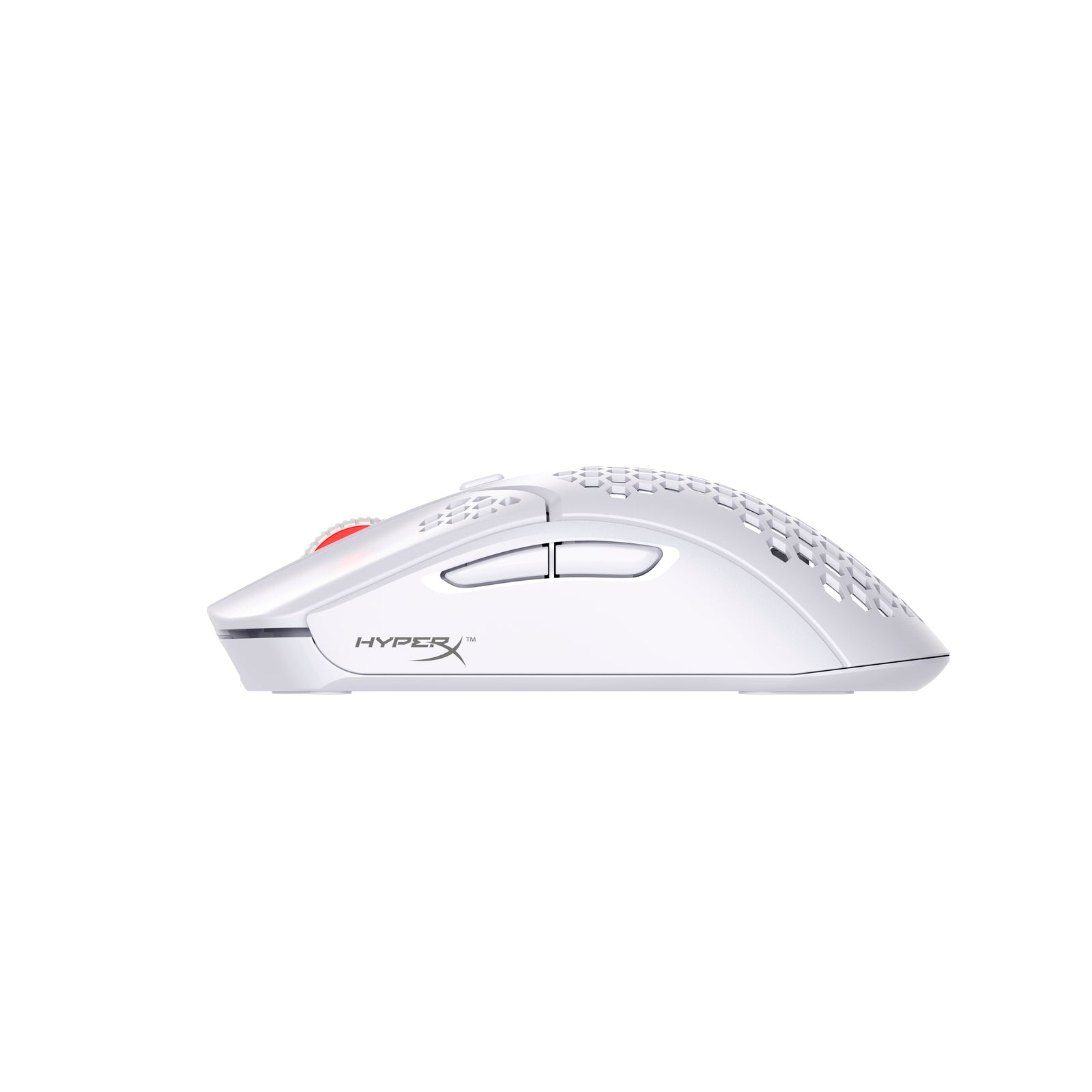HyperX Pulsefire Haste Wireless White gaming mouse, side view, pointing left