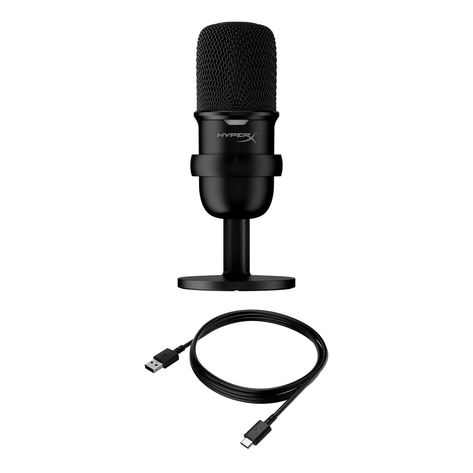 HyperX SoloCast Microphone Black showing the front side view featuring the box contents