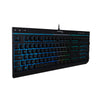 HyperX Alloy Core RGB gaming keyboard tilted to the right displaying RGB lighting effects