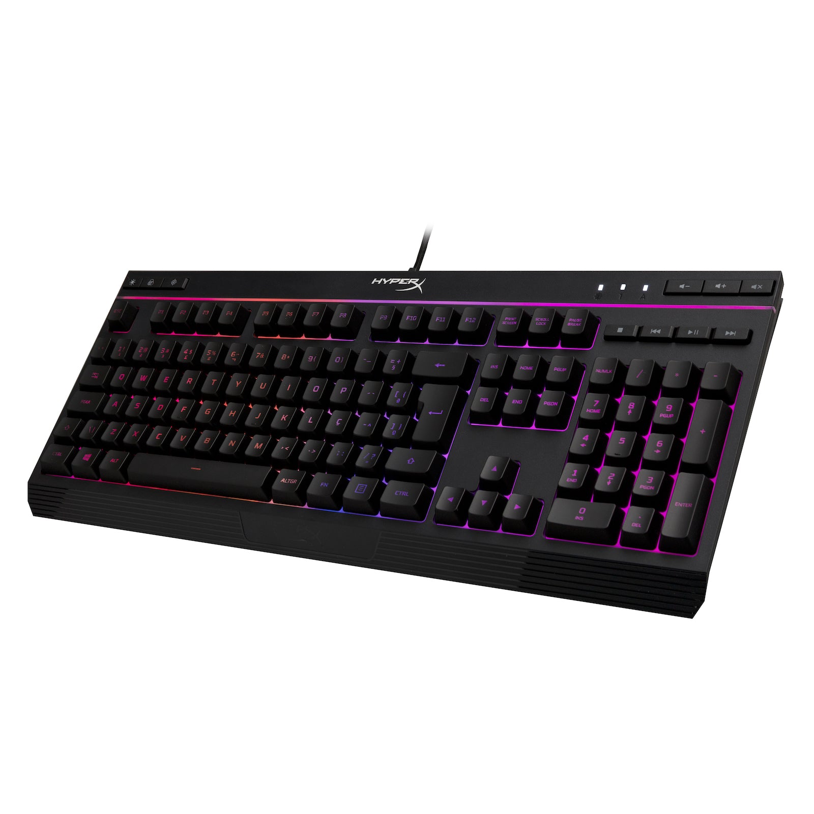 HyperX Alloy Core RGB gaming keyboard tilted to the left displaying Red and Purple RGB lighting effects